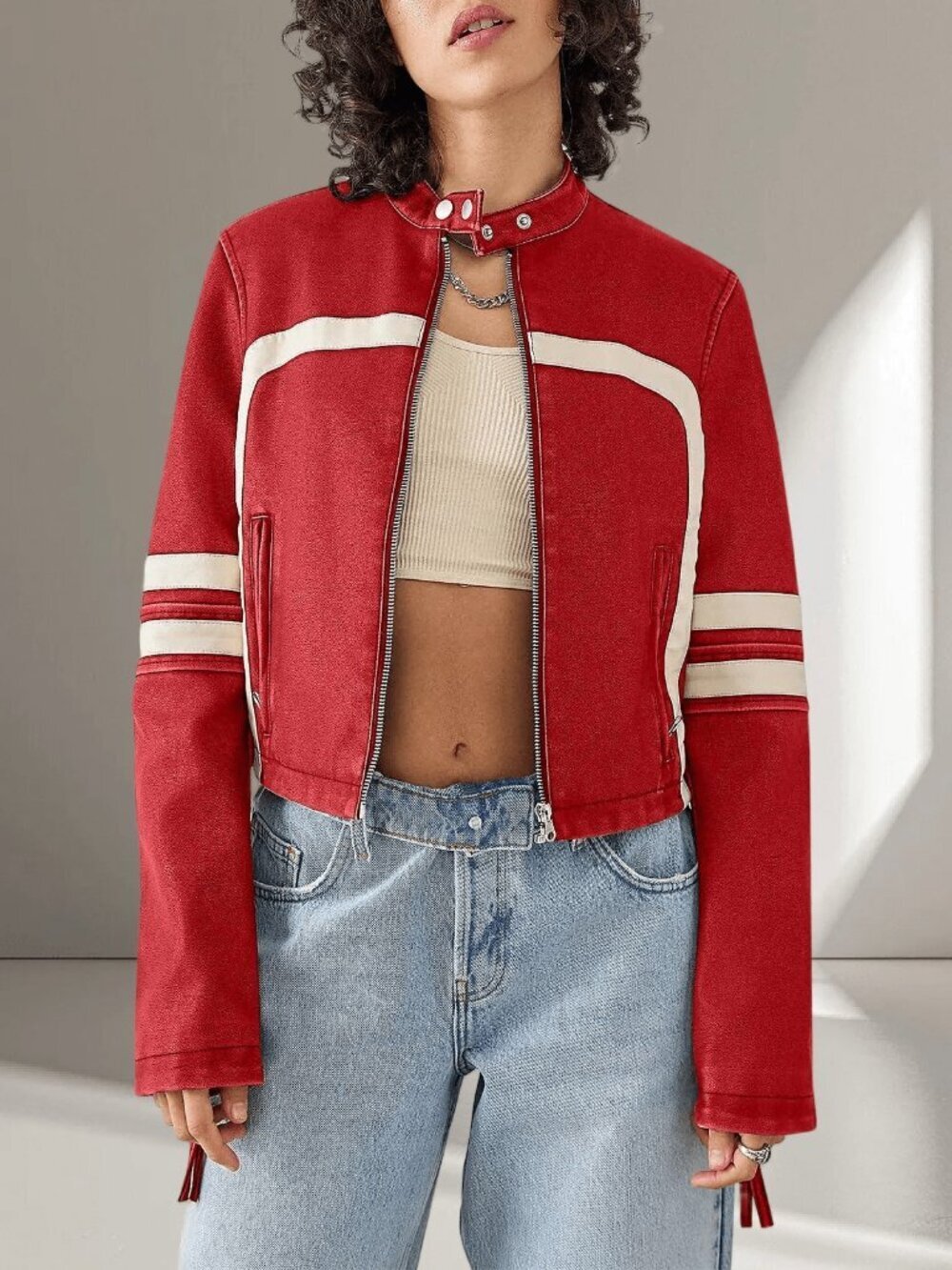 Red Casual Women's  Zip Up Stand Collar Cropped Faux Leather Jacket
